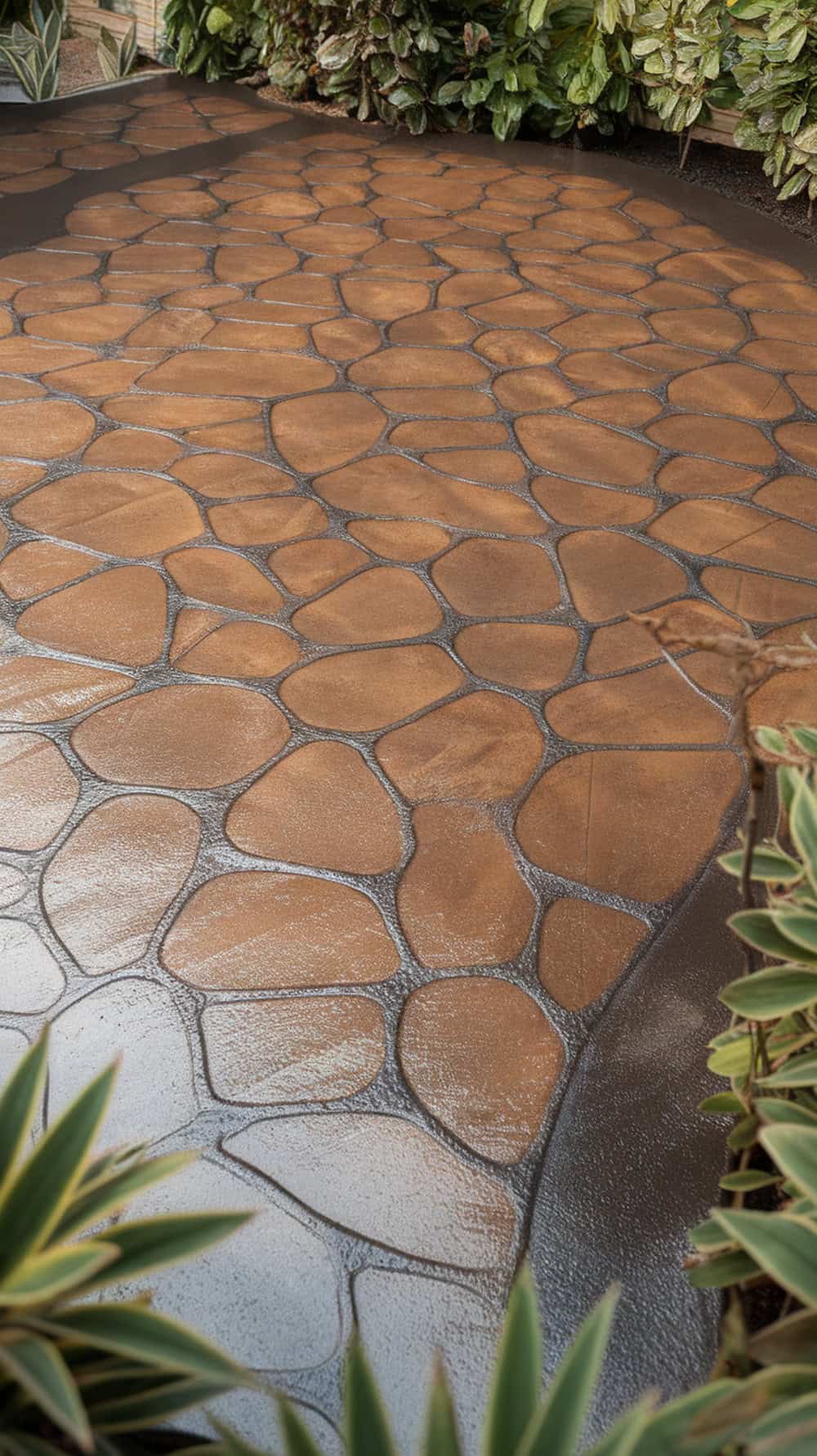A patio with a random stone stamp design and two-tone sealing, surrounded by plants.