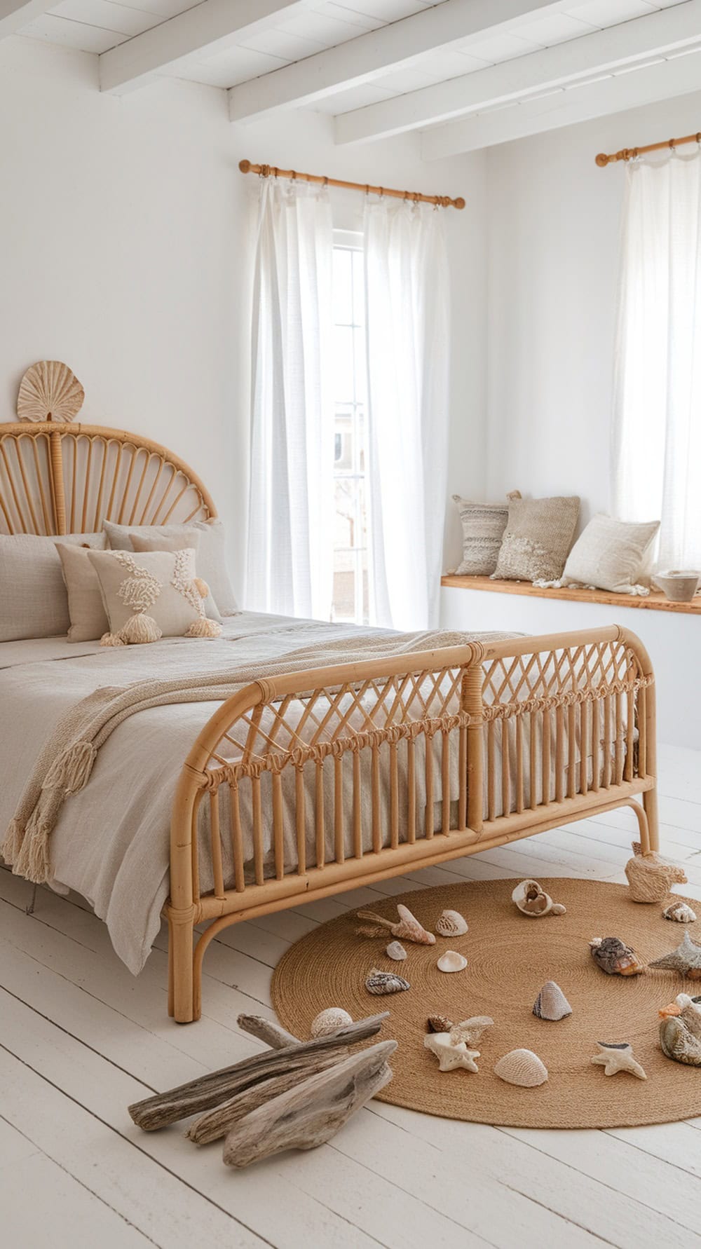 Cozy bedroom with rattan bed frame, light linen bedding, and coastal decor.