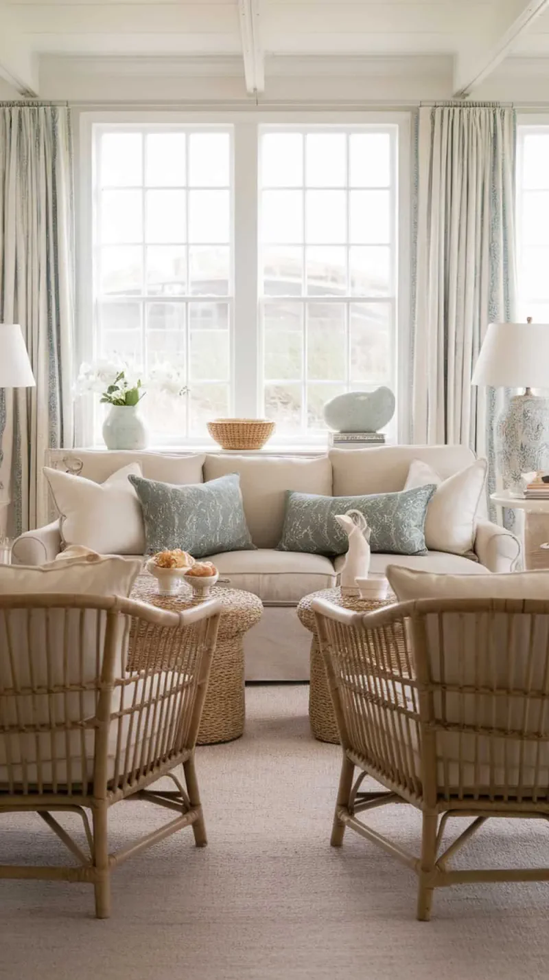 A cozy living room featuring rattan chairs with cream cushions, a light sofa, and bright windows.