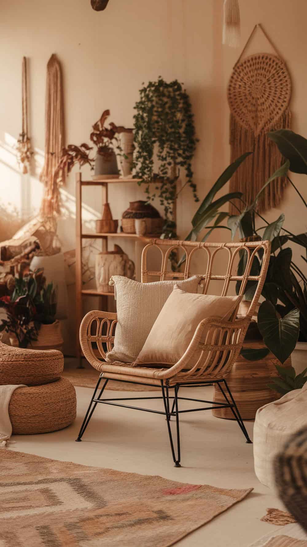 A cozy living room featuring rattan chairs with soft neutral cushions, surrounded by plants and woven decor.