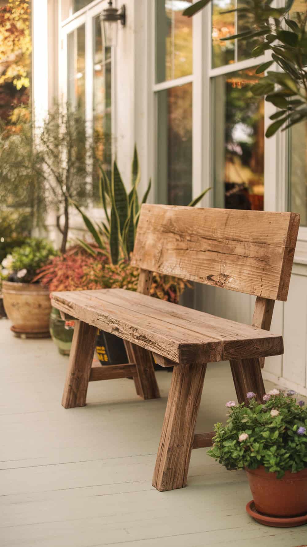 A rustic reclaimed wood bench with a rough finish, surrounded by potted plants on a porch.
