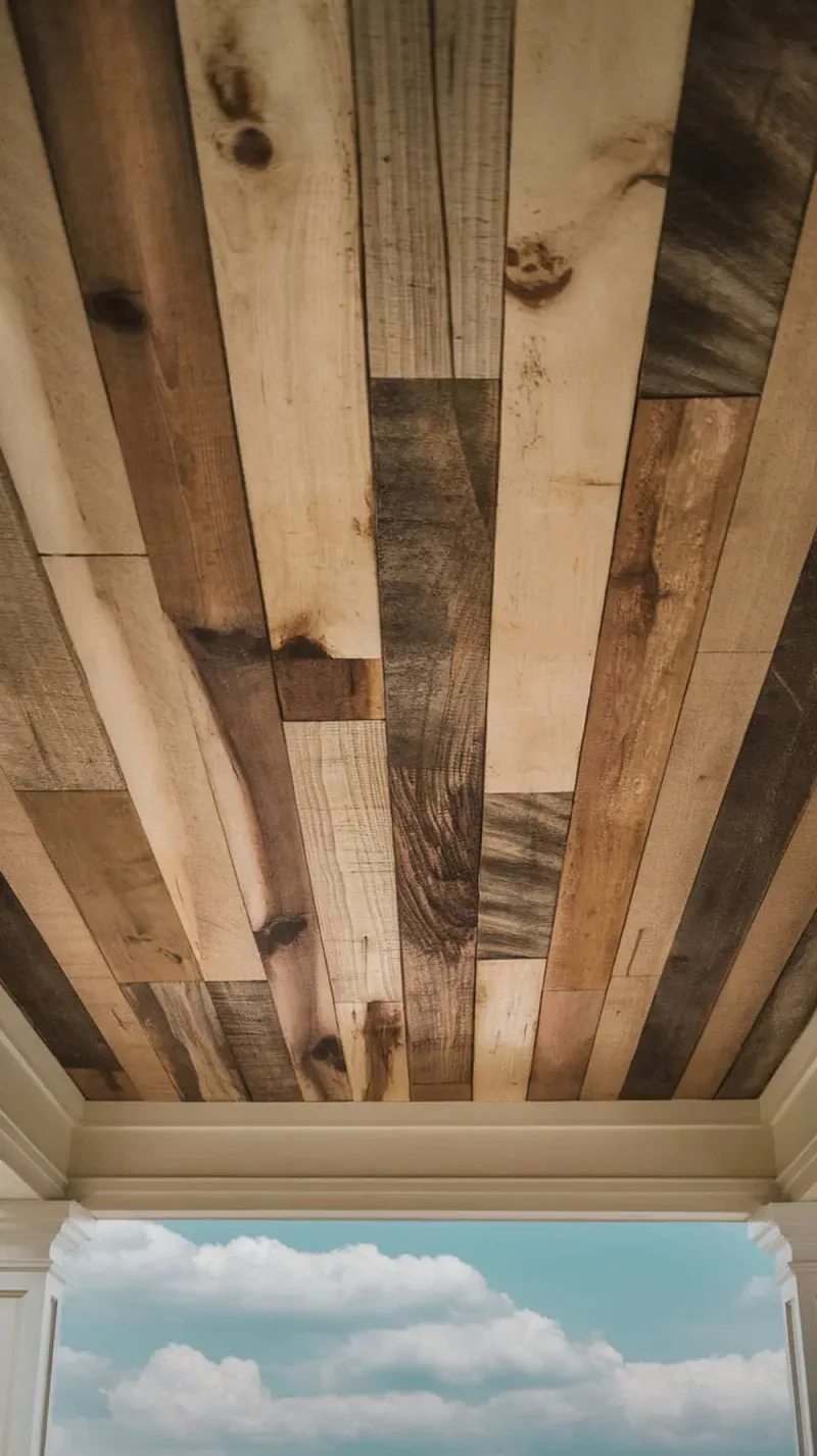 Ceiling made of reclaimed wood boards in various shades and textures