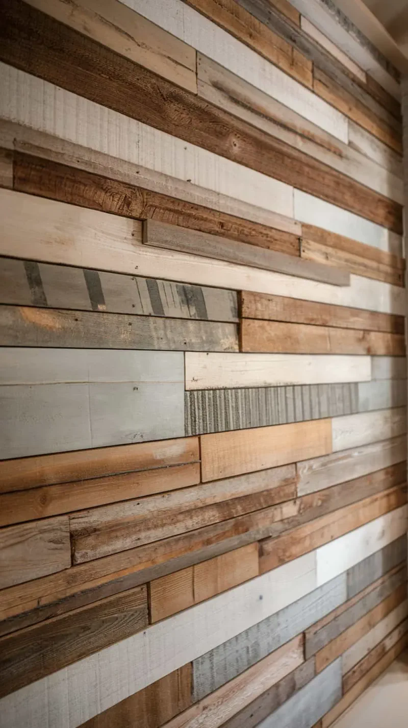 A wall covered with horizontal reclaimed wood planks in various shades.
