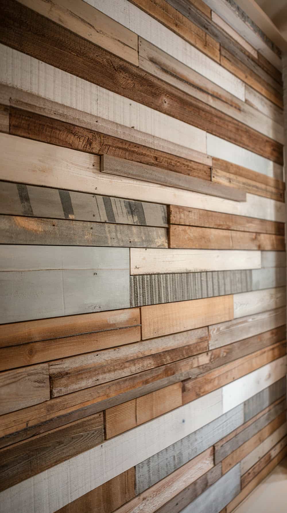 A wall covered with horizontal reclaimed wood planks in various shades.