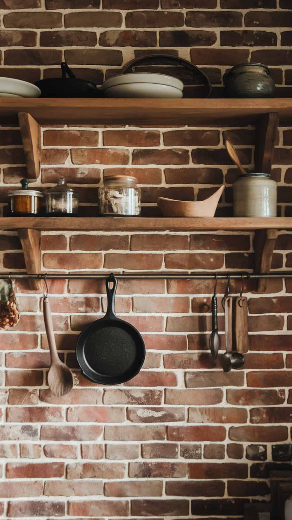 A rustic kitchen with rough brick backsplash and wooden shelves displaying kitchenware.