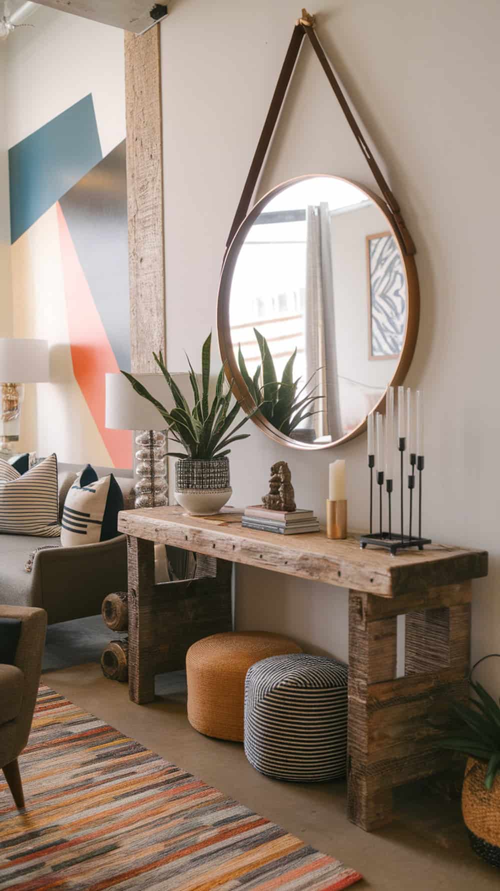 A round mirror hangs over a rustic wooden console table decorated with plants and candles.