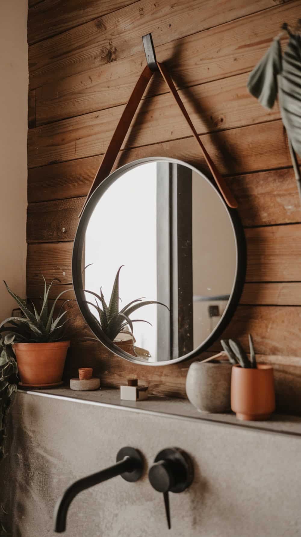 Round mirror with leather strap hanger on a wooden wall, surrounded by potted plants.