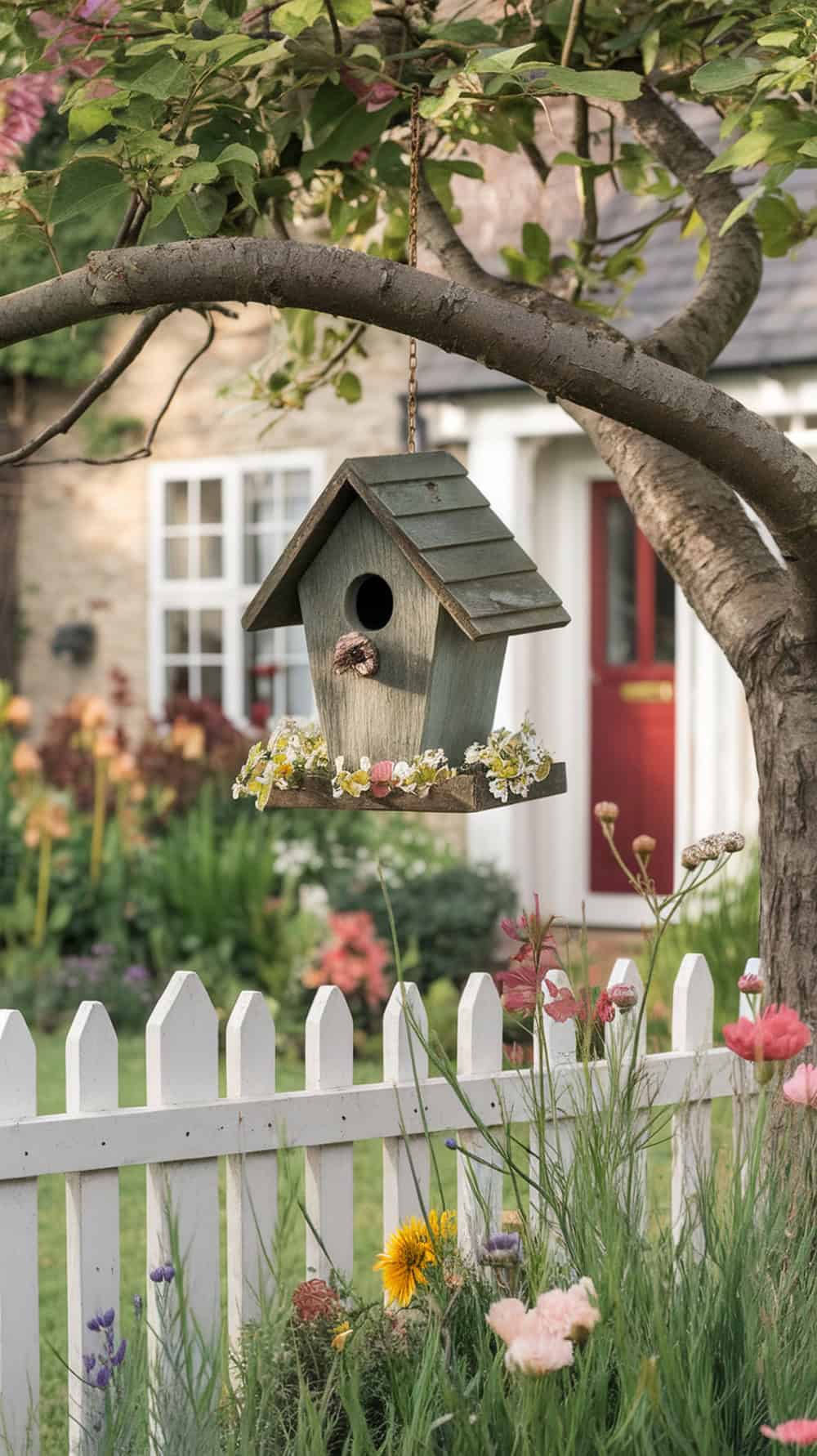 A rustic birdhouse hanging from a tree branch, surrounded by flowers and a white picket fence.