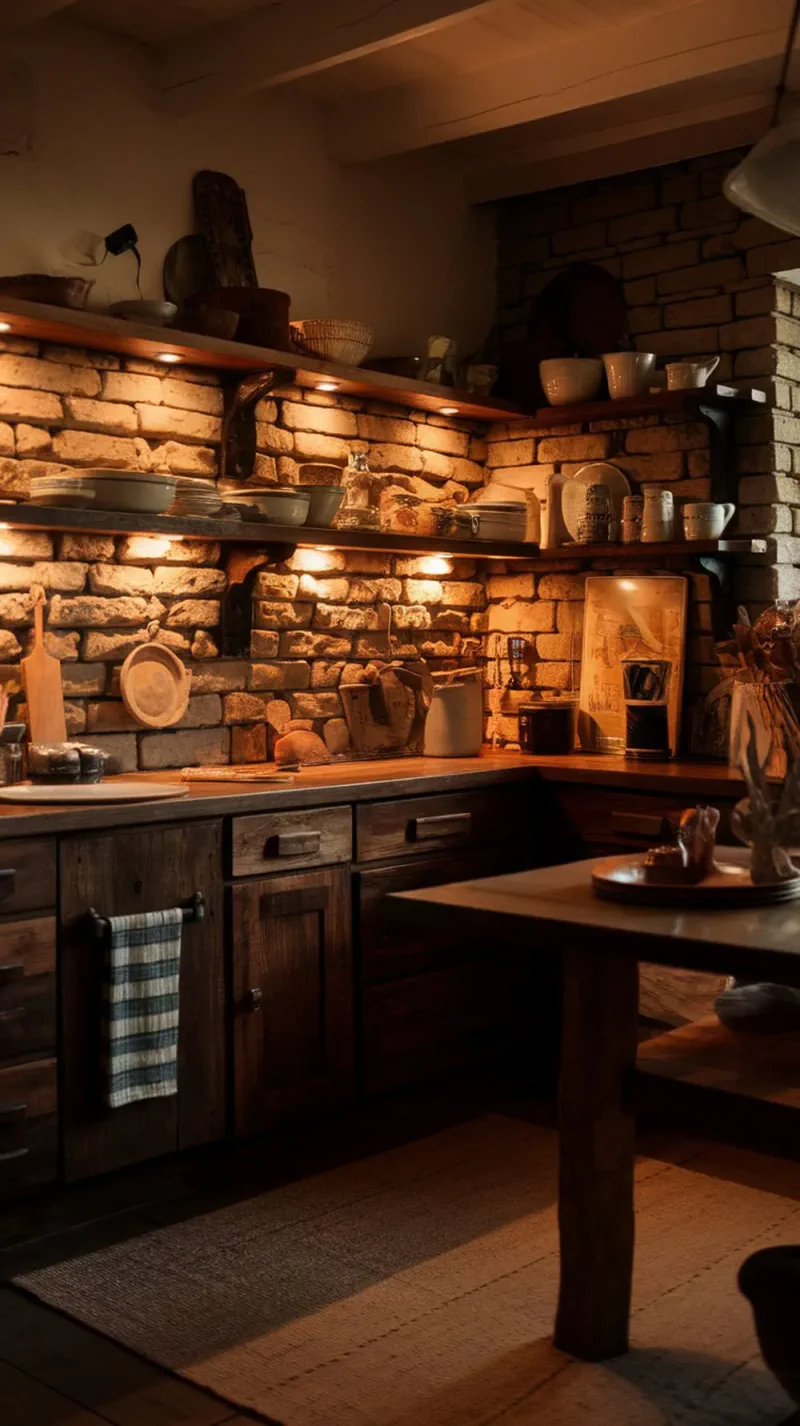 A rustic kitchen with a brick backsplash and open shelves displaying dishes.