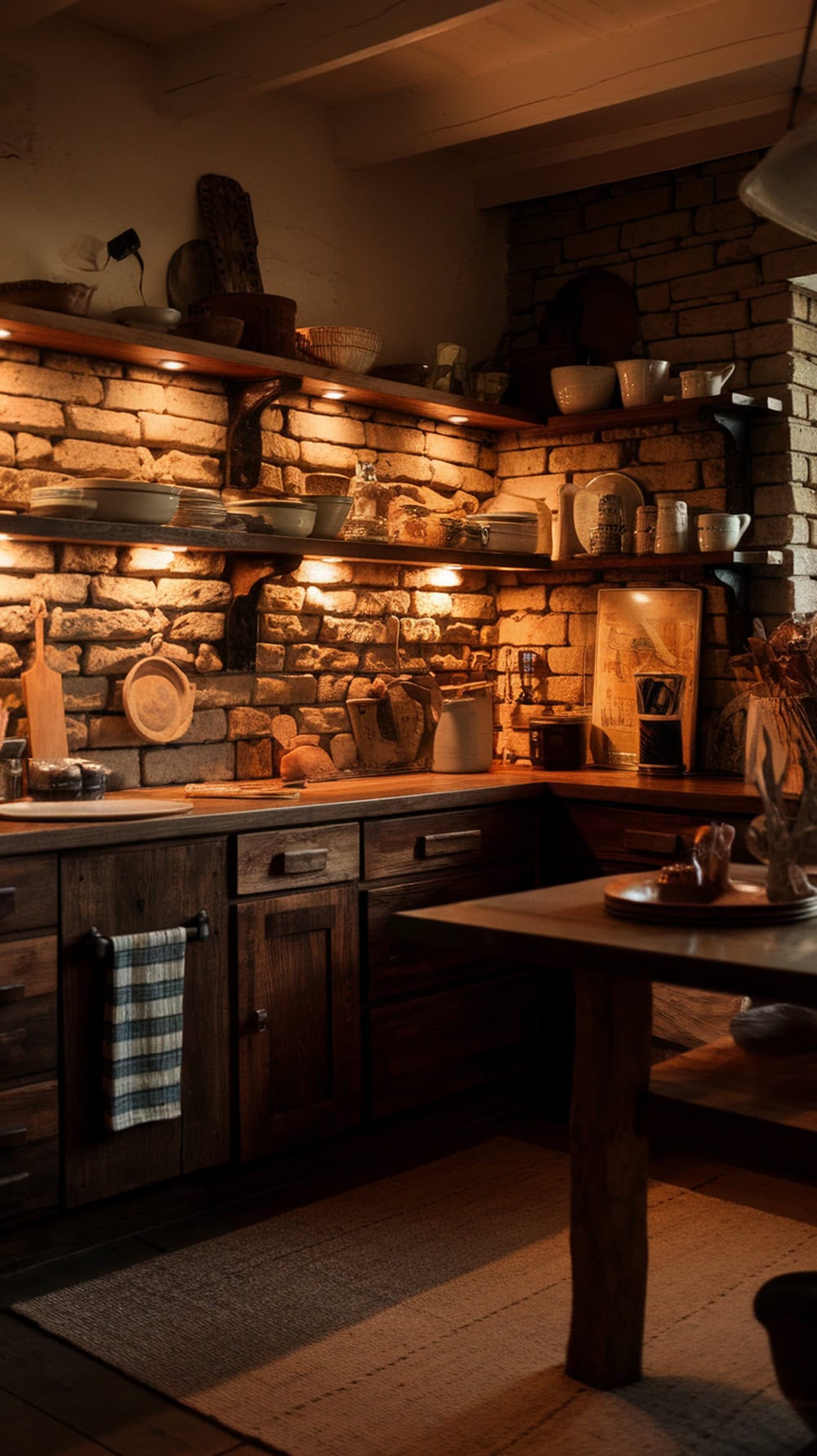 A rustic kitchen with a brick backsplash and open shelves displaying dishes.