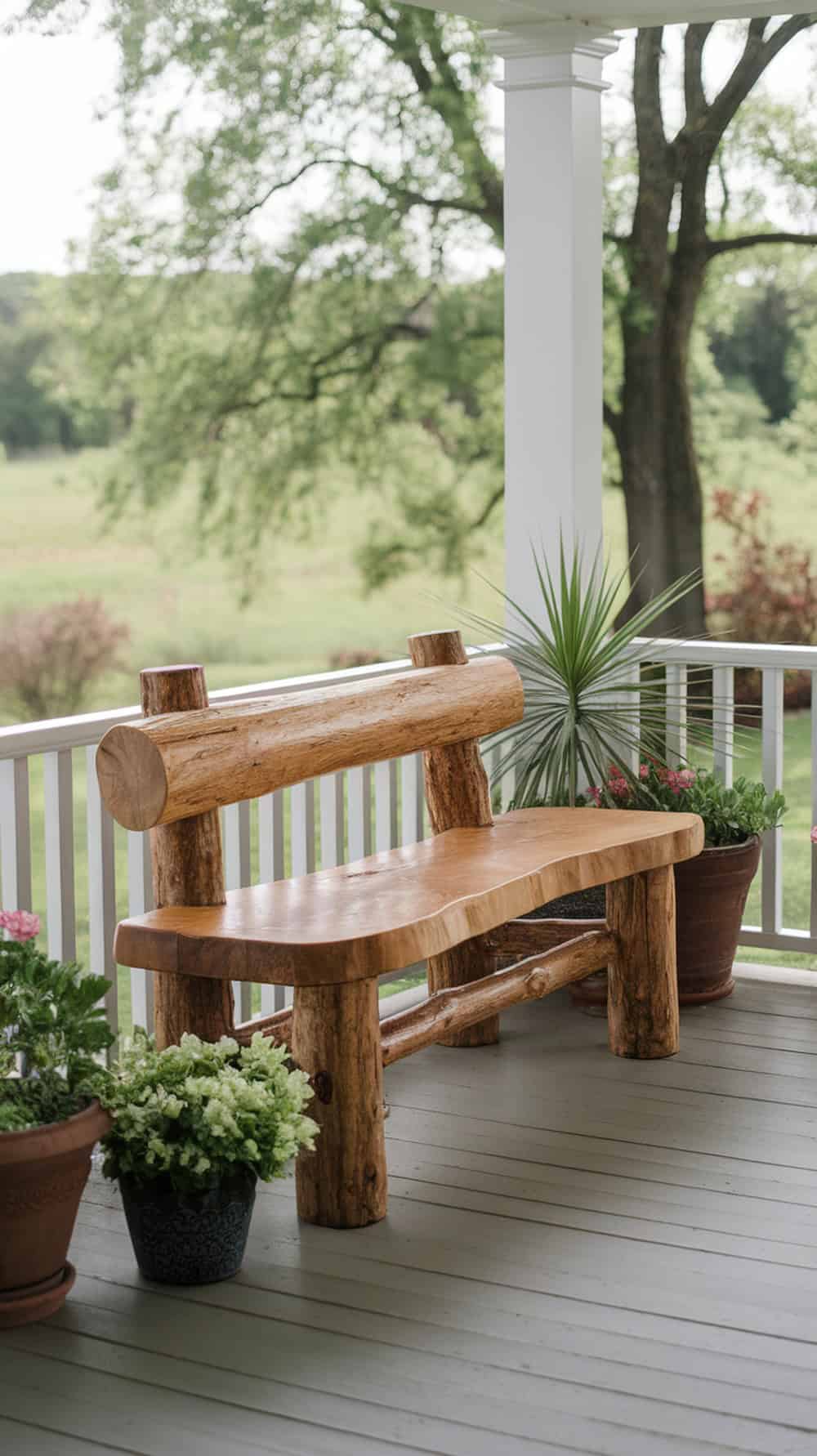 Rustic log bench on a porch surrounded by plants