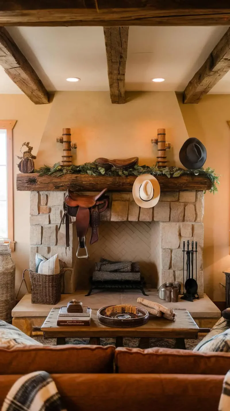 A rustic living room mantel decorated with western accessories including a saddle, hats, and greenery.