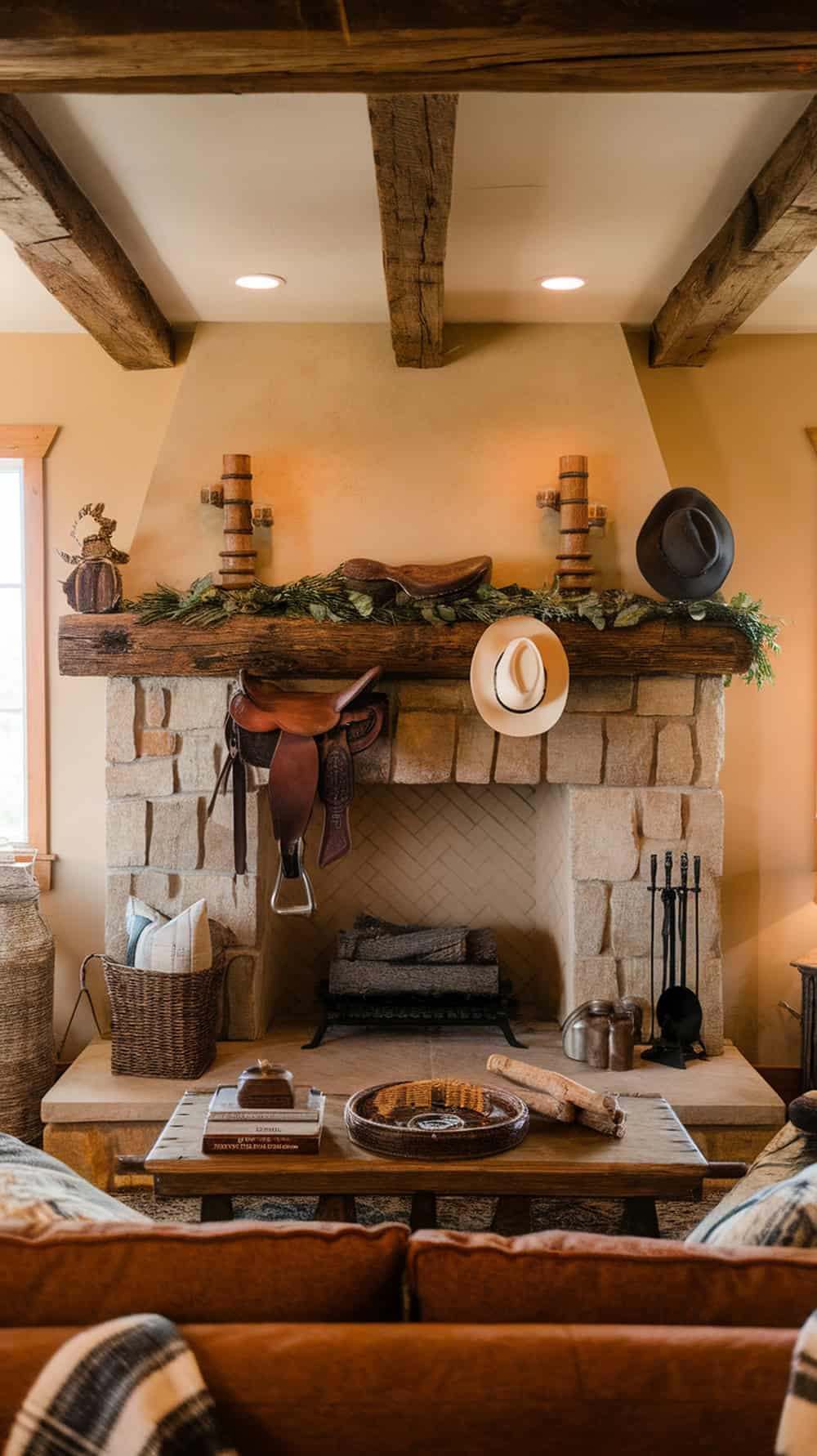 A rustic living room mantel decorated with western accessories including a saddle, hats, and greenery.