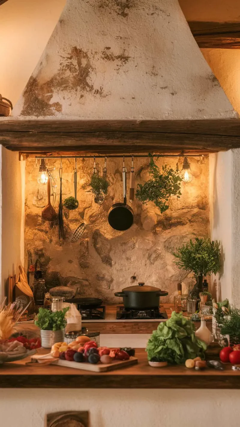 Rustic kitchen with a stone wall, hanging pots, and fresh herbs.