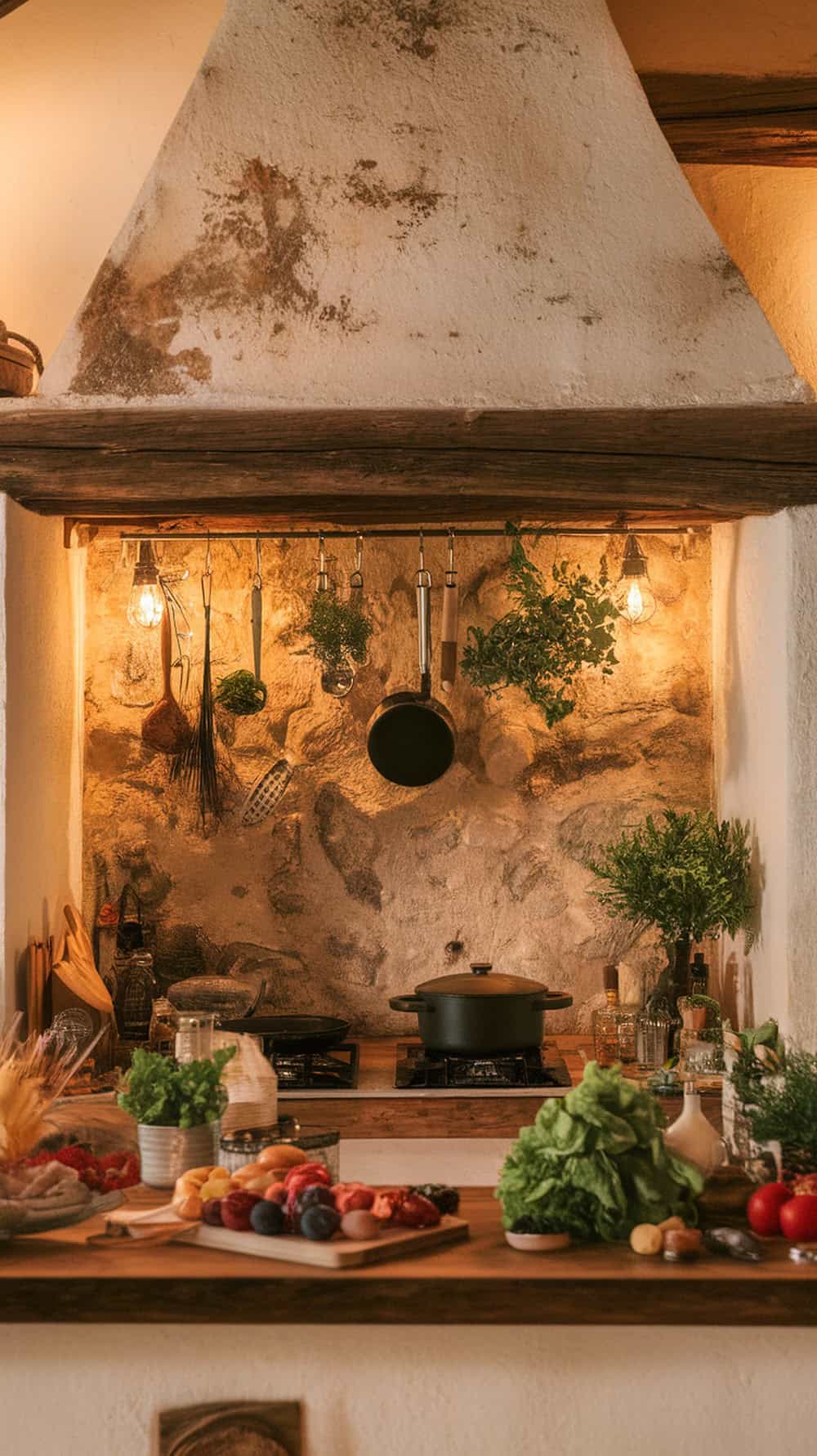 Rustic kitchen with a stone wall, hanging pots, and fresh herbs.