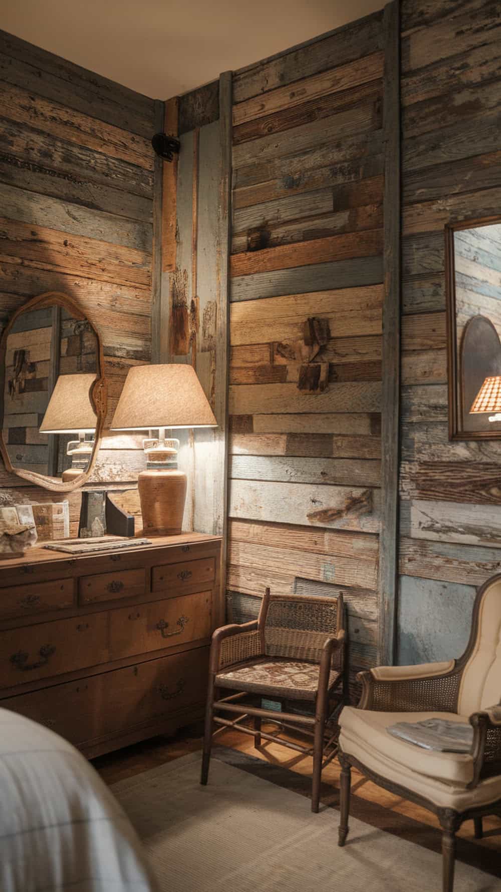 A cozy room with rustic wallpaper that looks like wood, featuring a wooden dresser, a lamp, and a comfortable chair.