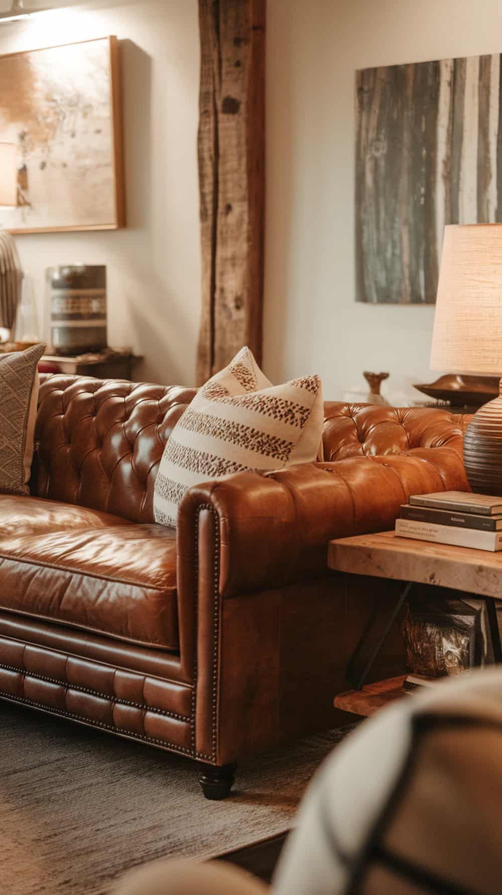A cozy living room featuring a warm leather couch with decorative pillows, a rustic wooden side table, and soft lighting.
