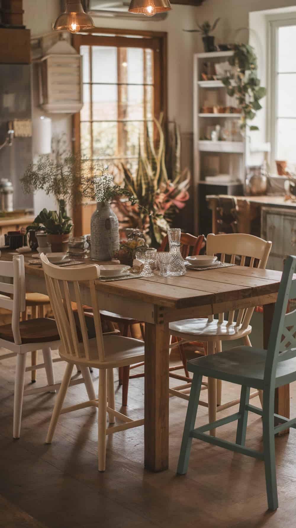 Rustic wooden dining table with mixed colorful chairs and natural decor