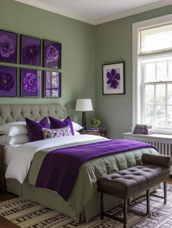sage green walls purple art