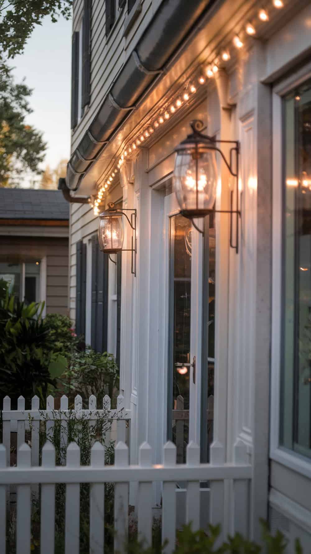 Narrow front porch with lantern sconces and string lights along the trim