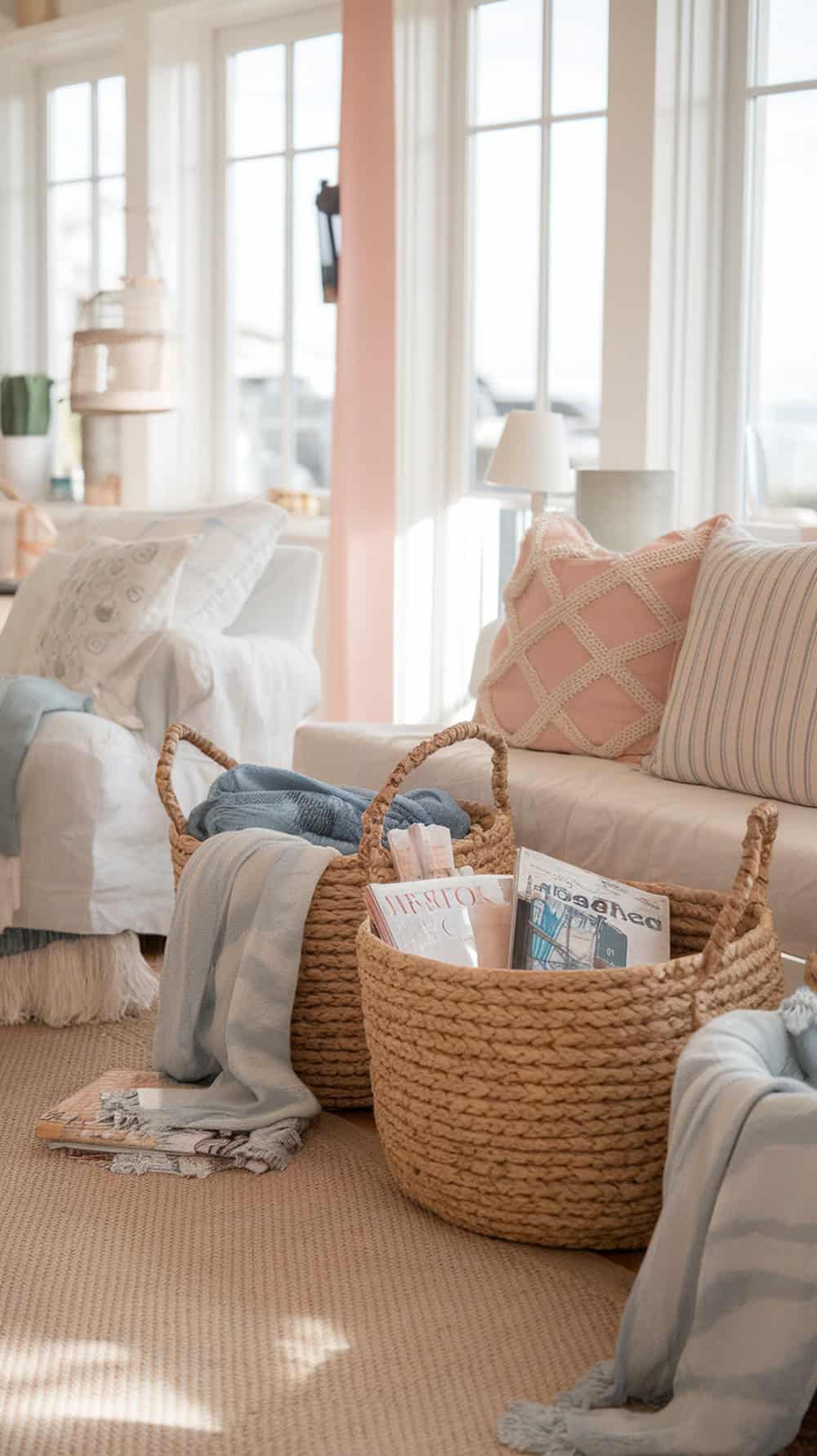 Coastal living room with seagrass baskets for storage