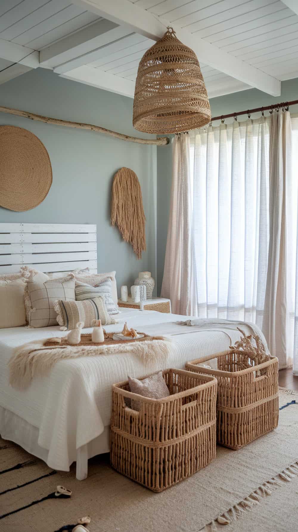 A cozy bedroom featuring seagrass baskets for storage and decor.