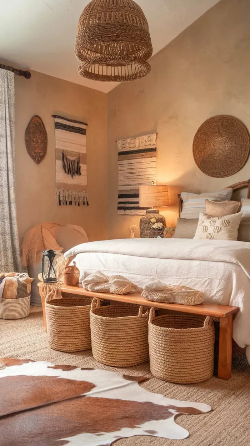 A cozy bedroom featuring seagrass baskets for storage, showcasing a coastal cowgirl theme.