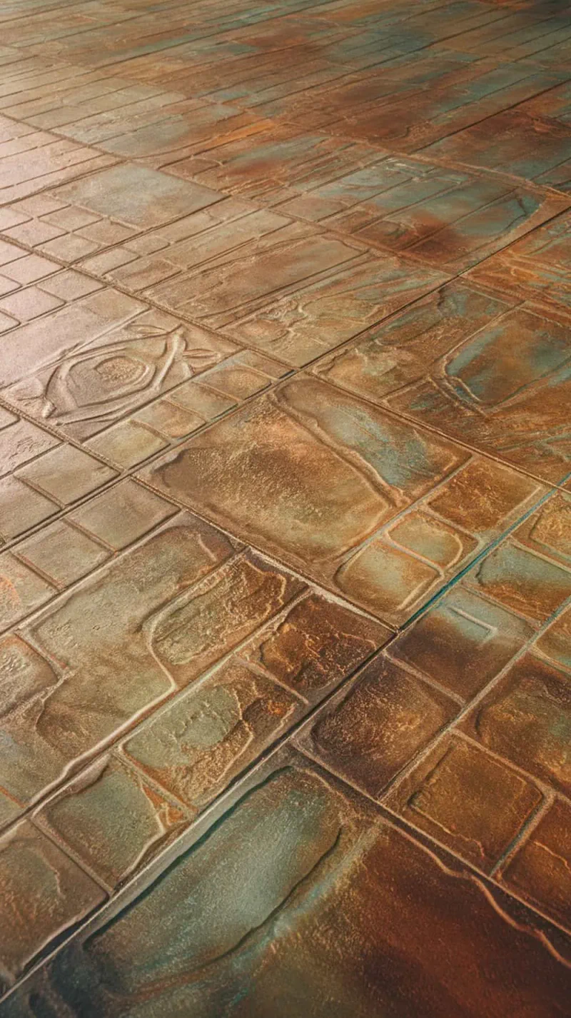 Close-up of a stamped concrete patio with earthy colors and a seamless texture.