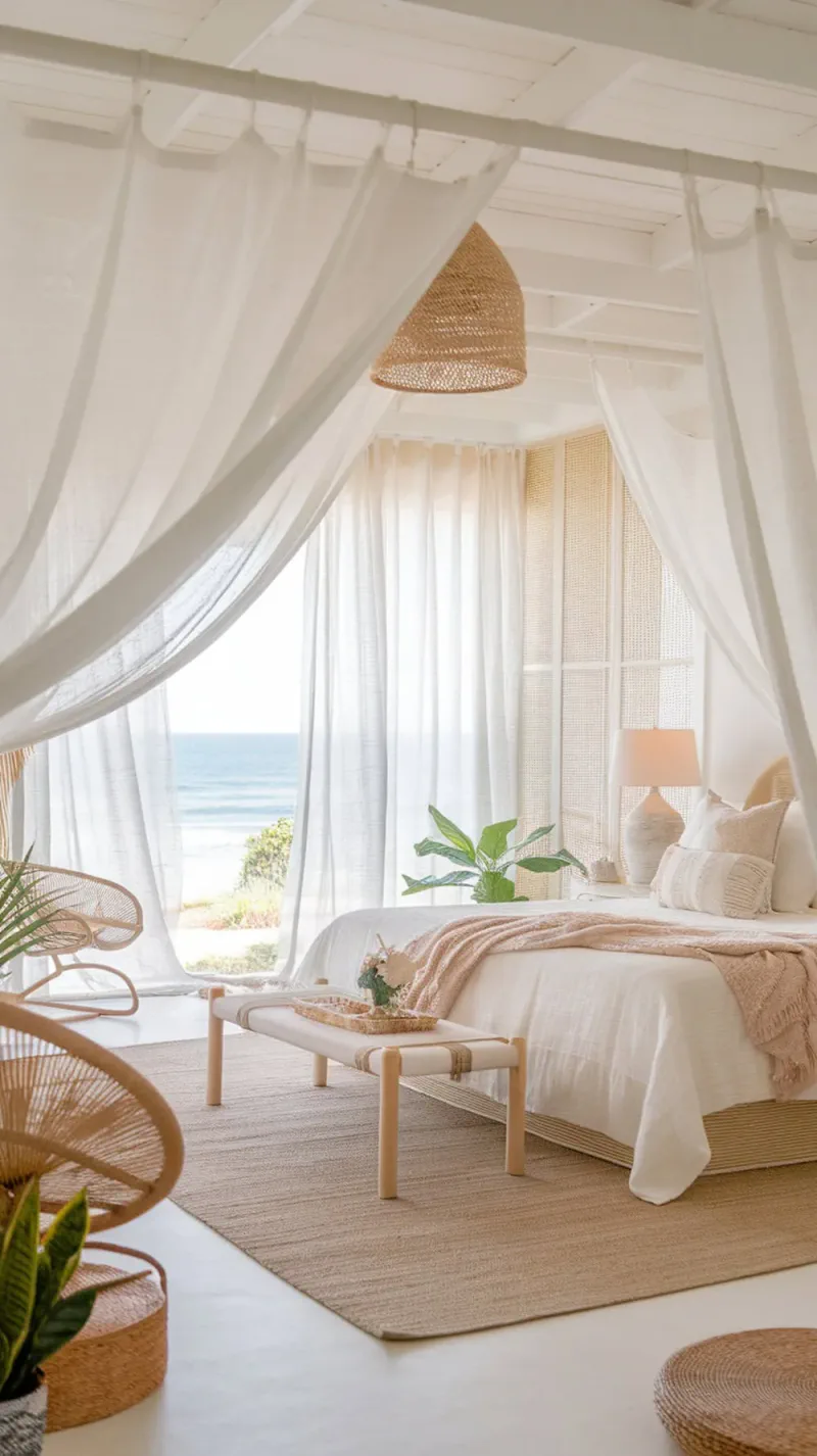 A bright coastal bedroom with sheer white curtains, a bed, and a view of the ocean.