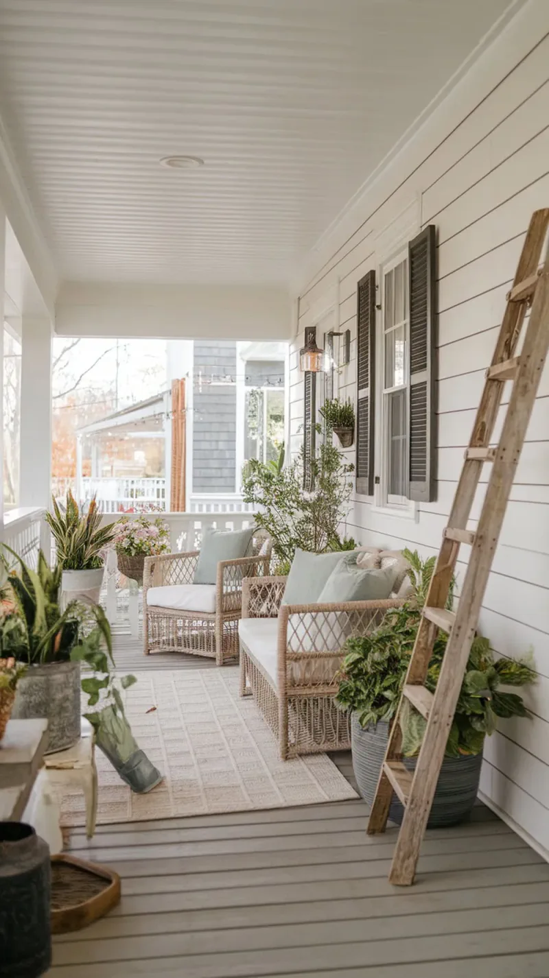 A cozy farmhouse porch with a shiplap accent wall, comfortable chairs, and plants.