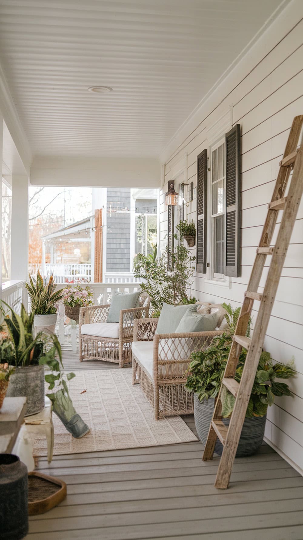 A cozy farmhouse porch with a shiplap accent wall, comfortable chairs, and plants.
