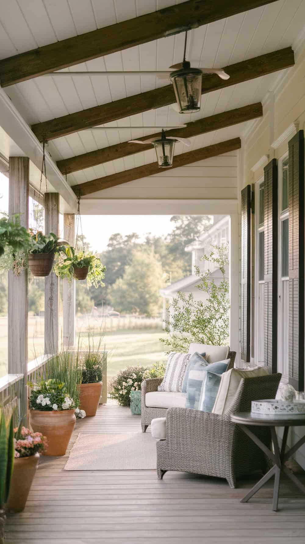 A cozy porch with a shiplap ceiling, wooden beams, hanging plants, and comfortable seating.