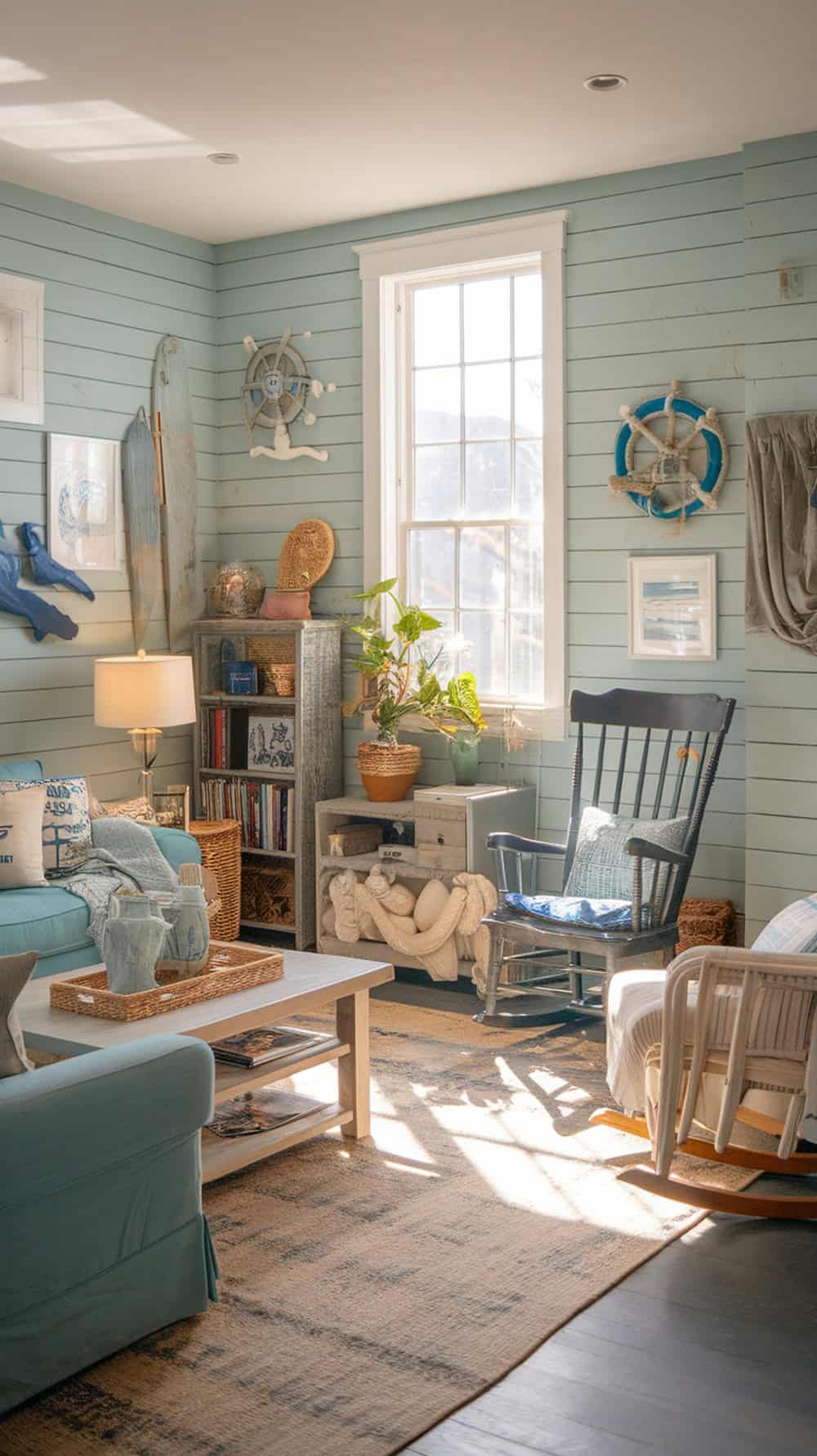 Coastal living room with light blue shiplap walls and nautical decor