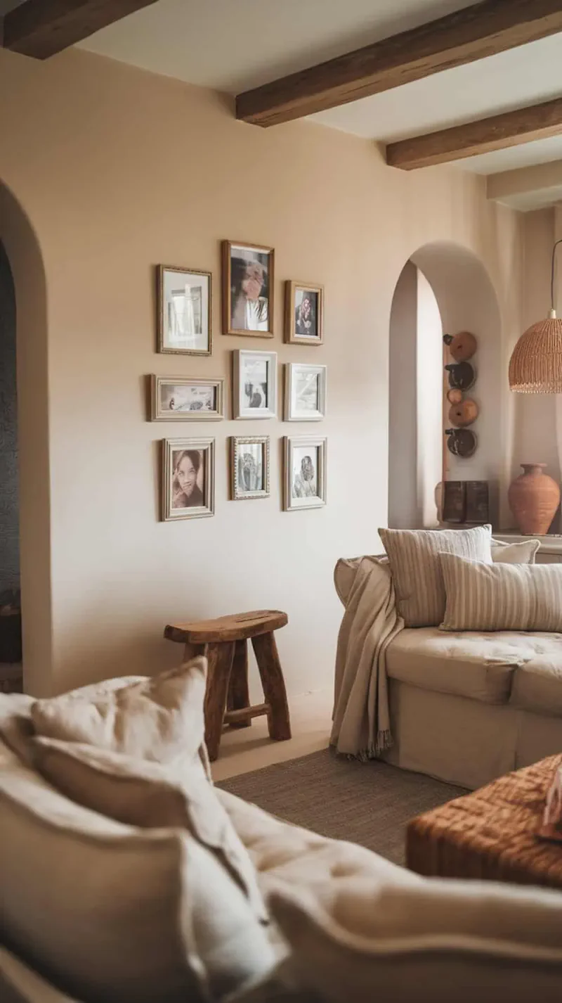 Cozy living room with a gallery wall of family photos