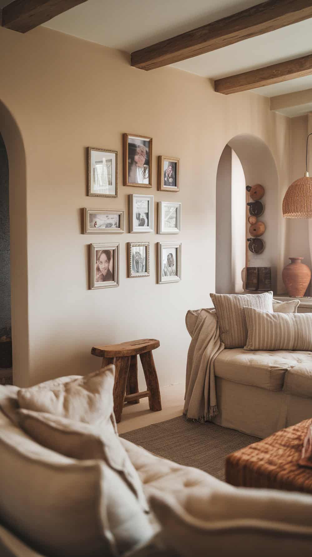 Cozy living room with a gallery wall of family photos