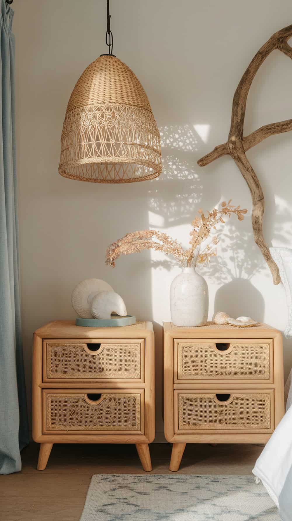 Two simple nightstands with woven drawers beside a bed, decorated with a vase and shells.