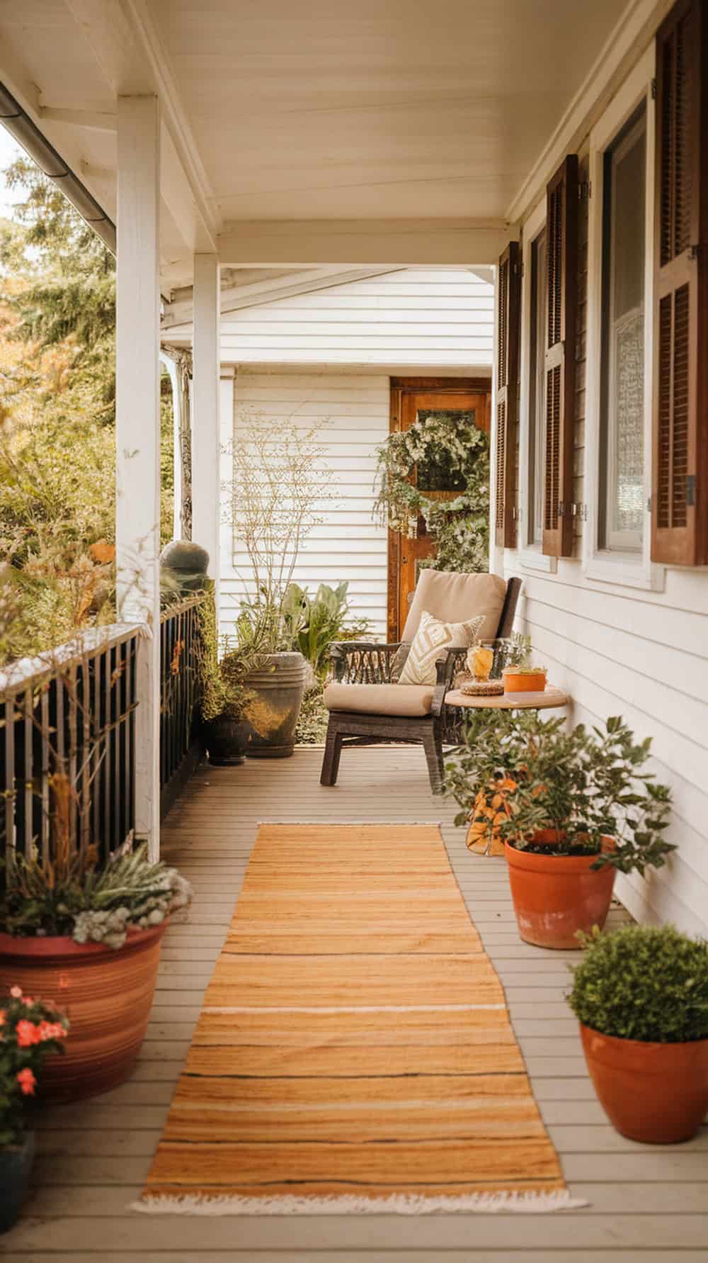 A cozy narrow front porch with a warm-colored runner rug, plants, and a comfortable chair.