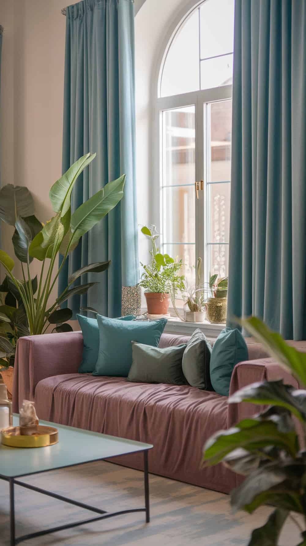 Living room with sky blue curtains, green cushions, and plants