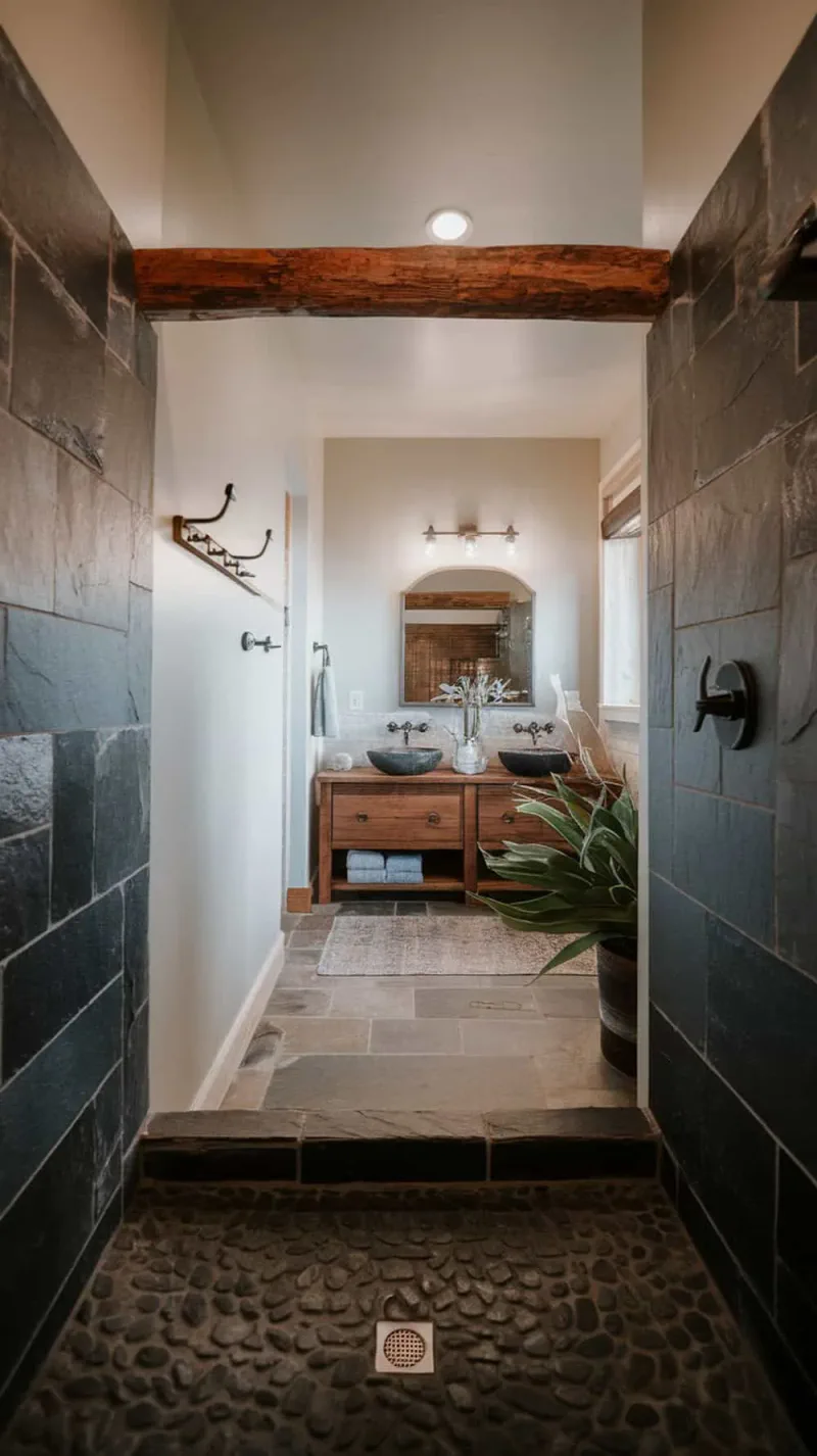 A modern rustic bathroom featuring a slate and pebble tile shower floor.