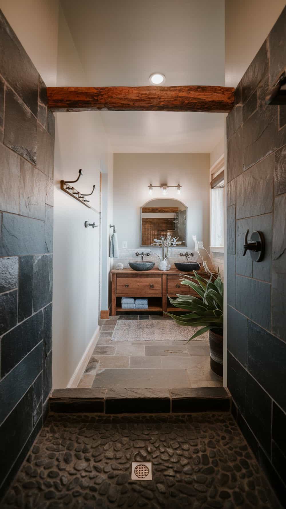 A modern rustic bathroom featuring a slate and pebble tile shower floor.