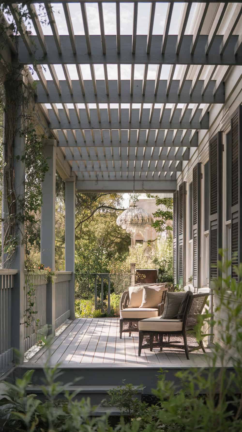 A porch with a slatted wood ceiling, cozy seating, and greenery around.