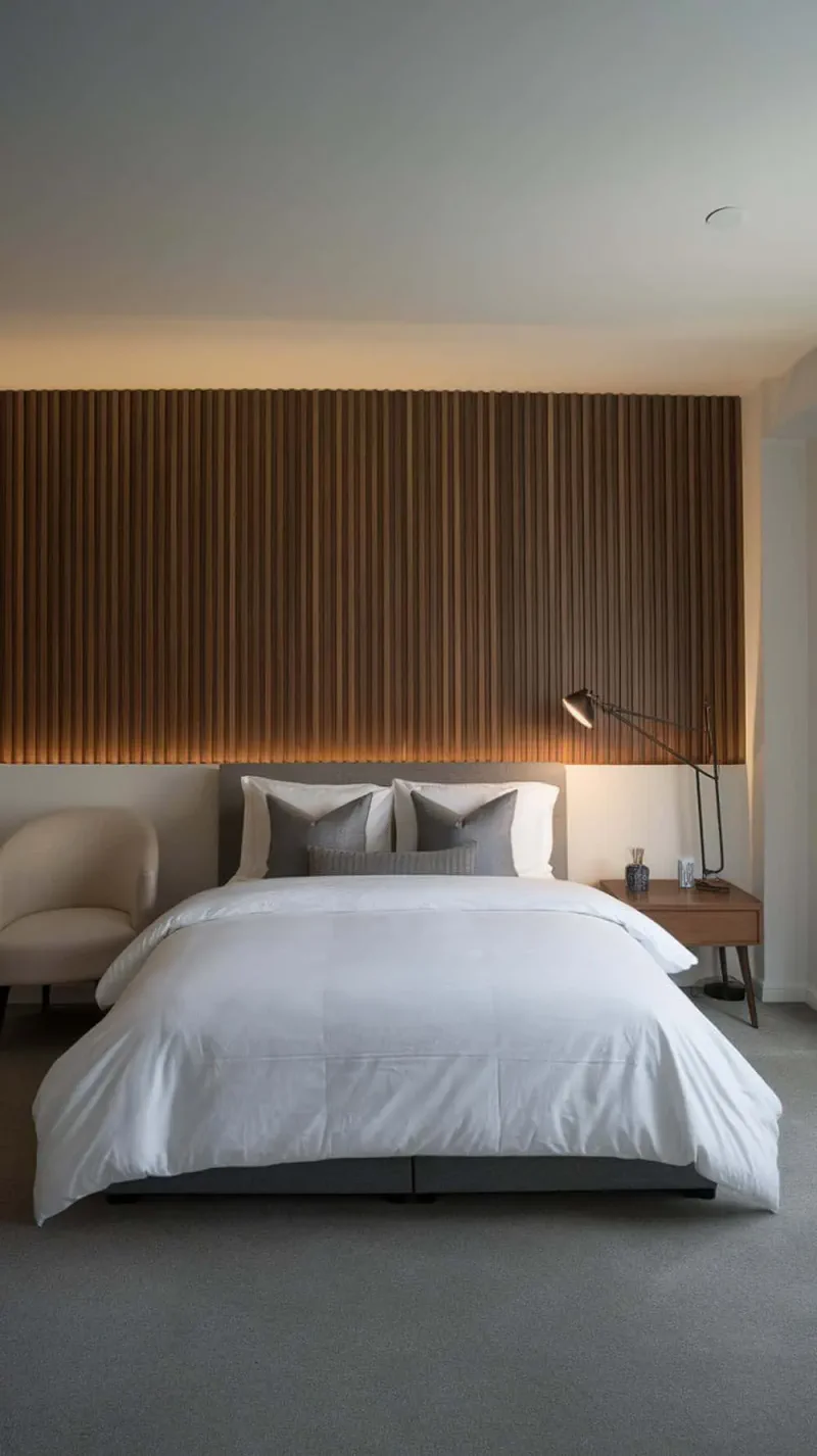 A modern bedroom featuring a sleek wood panel accent wall, a cozy bed with white bedding, and a stylish chair.