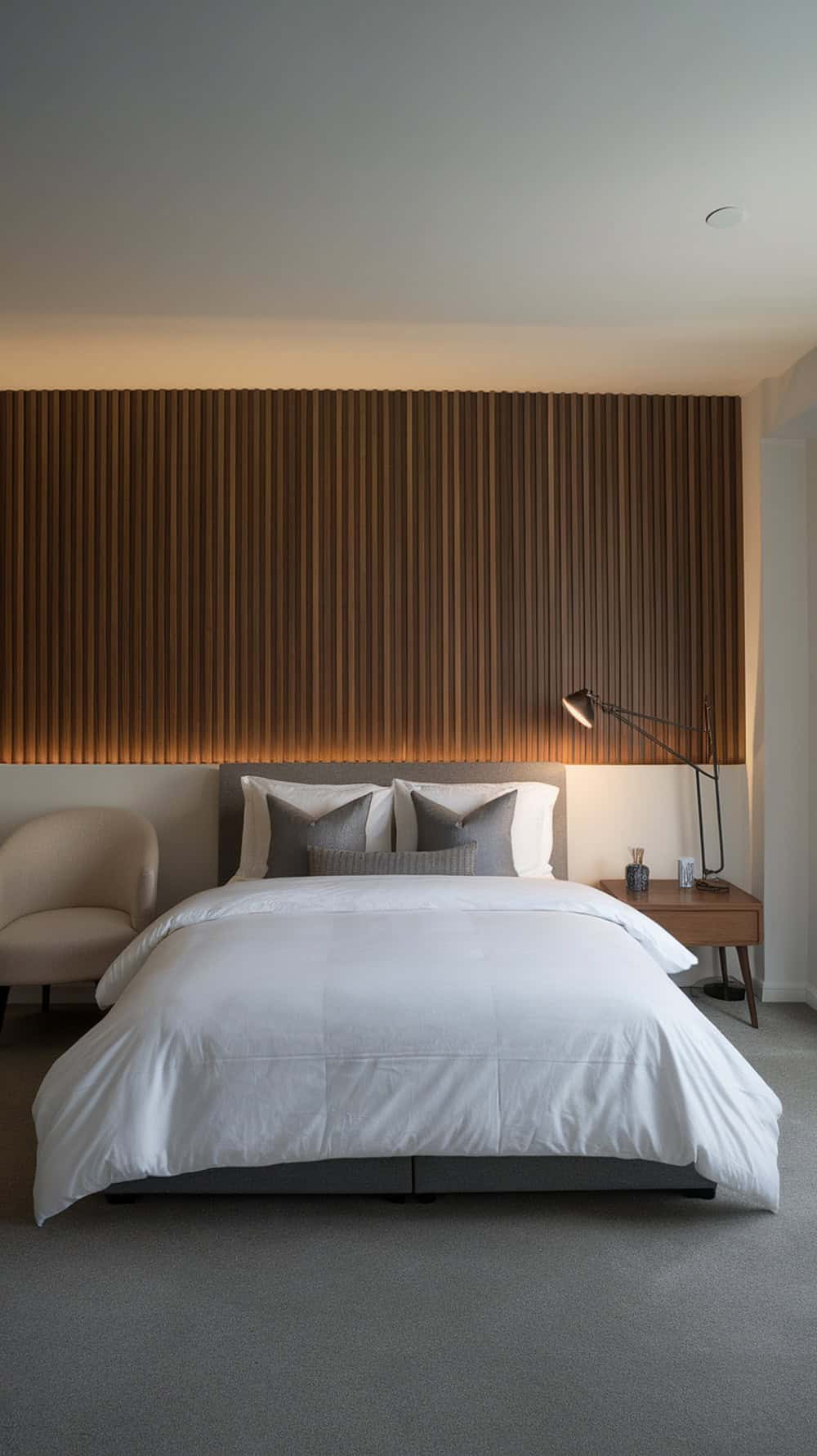 A modern bedroom featuring a sleek wood panel accent wall, a cozy bed with white bedding, and a stylish chair.