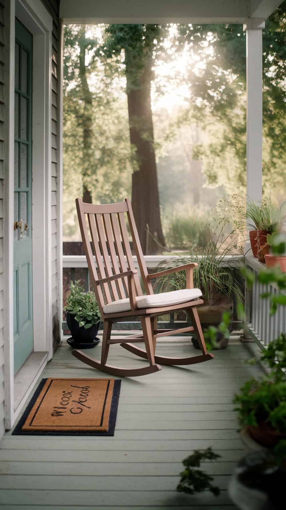 A slim wooden rocking chair on a narrow porch with plants and a welcome mat.