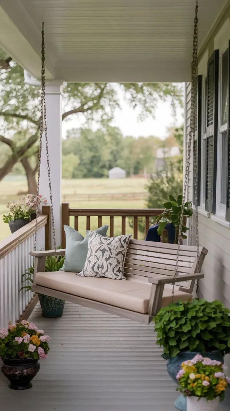 A narrow front porch featuring a slim swing bench with decorative pillows and potted plants.