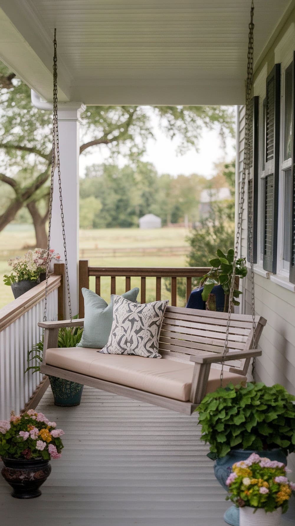 A narrow front porch featuring a slim swing bench with decorative pillows and potted plants.