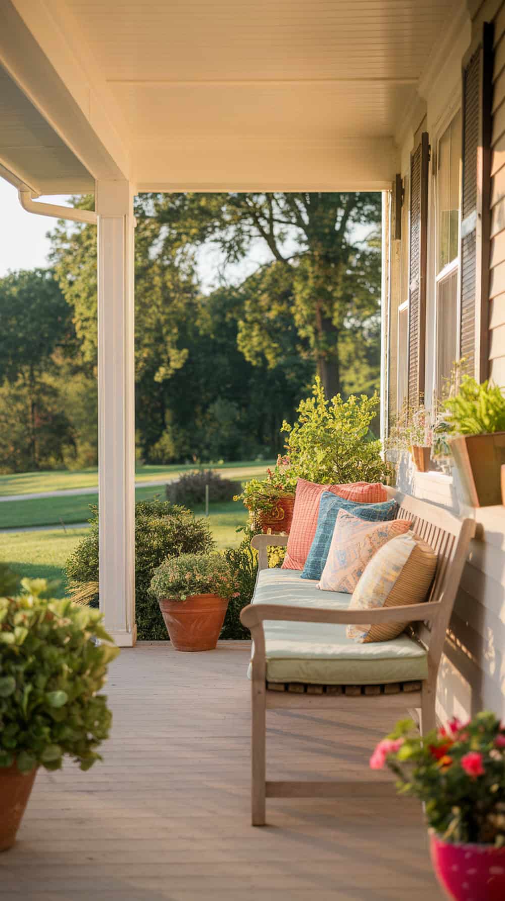 A narrow front porch with a slim wooden bench and colorful cushions, surrounded by potted plants.