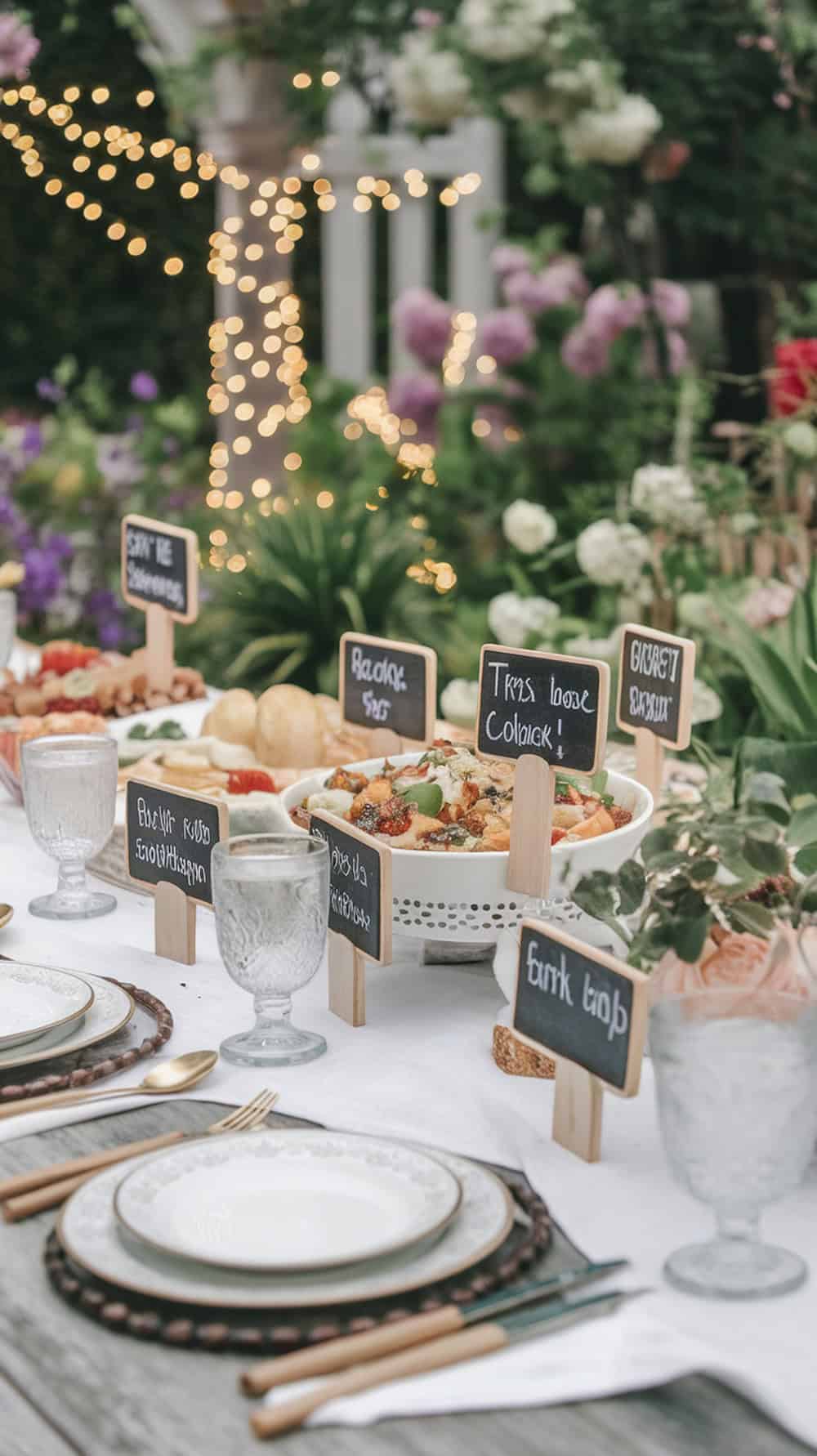 A table set with food and small chalkboard signs labeling each dish.