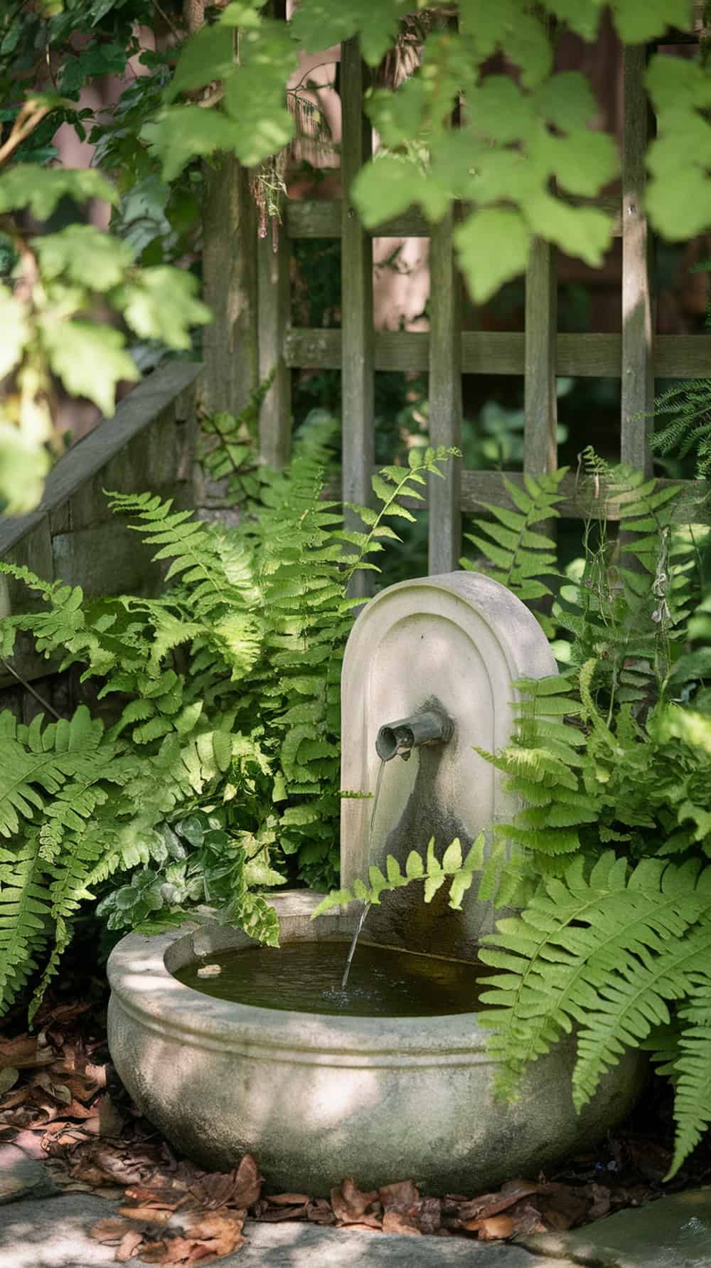 A small fountain surrounded by green ferns in a garden setting.