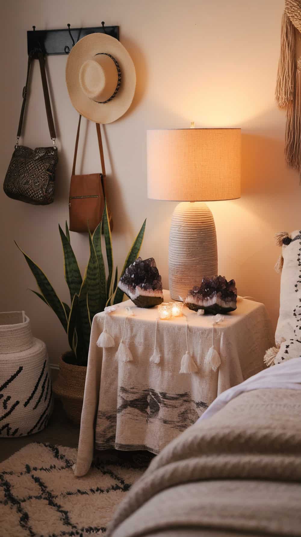 A cozy nightstand with smoky quartz and amethyst clusters, a lamp, and candles.